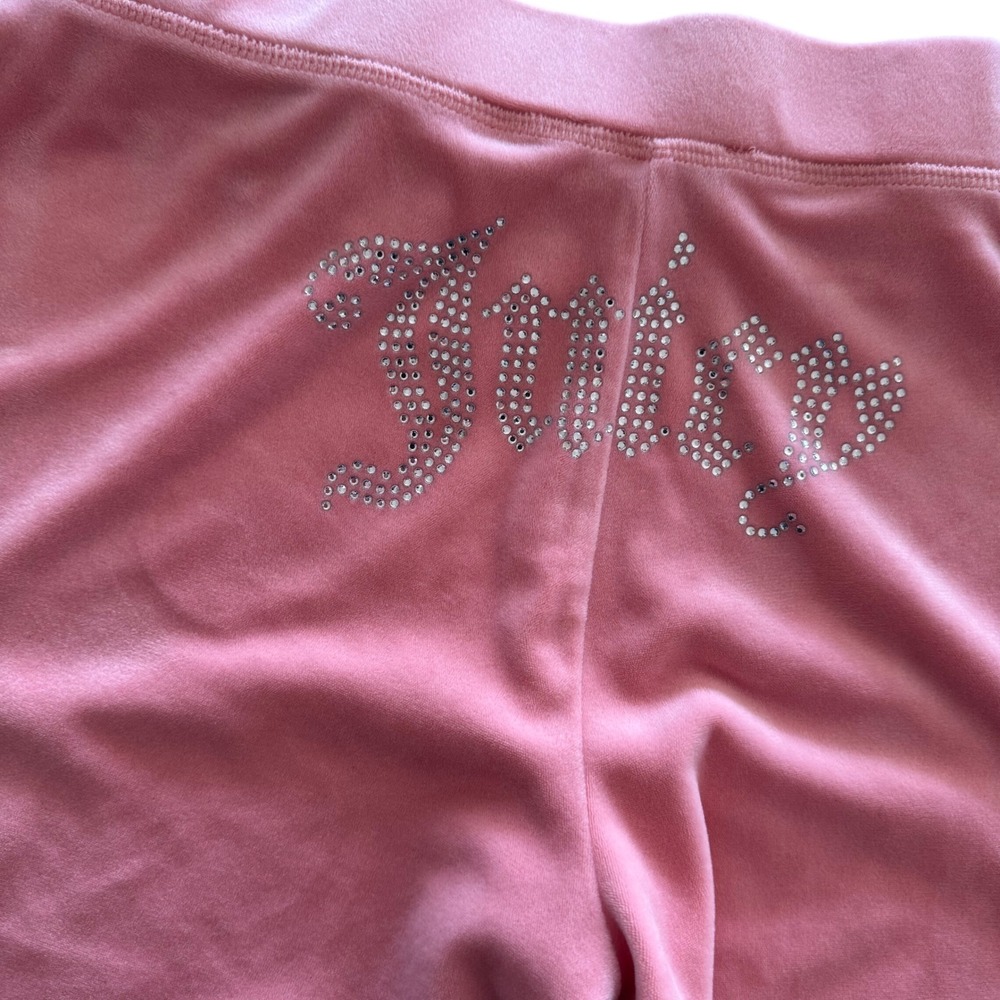 Juicy Couture Pink Velour Rhinestone Logo Flare Track Pants Womens Large Y2K